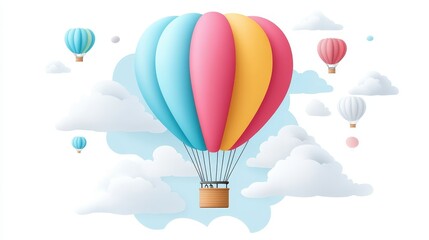 Obraz premium A vibrant hot air balloon ascends amidst fluffy clouds, accompanied by smaller balloons
