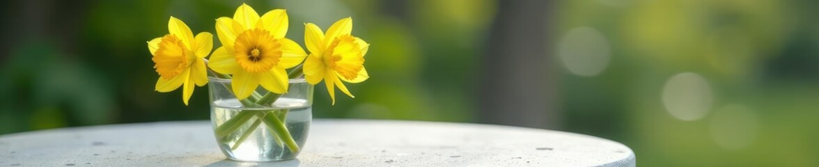 Narcissus flowers in a small glass cup on a stone table, water, white, table