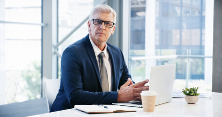 Fototapeta premium Research, thinking and laptop with business man in office for corporate venture capital, reflection and private equity. Planning, finance return and schedule with mature employee for portfolio assets
