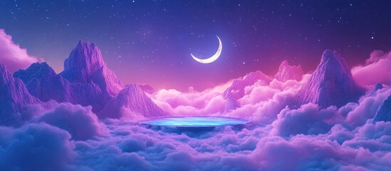 Dreamy cloudscape, crescent moon, mountains, fantasy lake