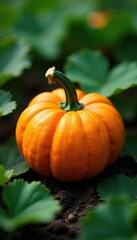 Small orange pumpkin with a slight sheen and texture, vines, organic
