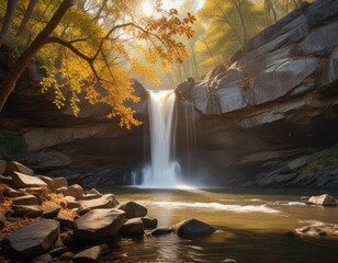 Soft focus captures the warm glow of autumn sunlight on a Tennessee waterfall, mountains, warm glow