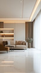 Fototapeta premium Modern living room interior design with beige sofa, marble floor, and recessed lighting.