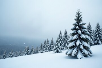 Fototapeta premium Snow covered pine trees stretched up towards grey sky, serene, winter landscape