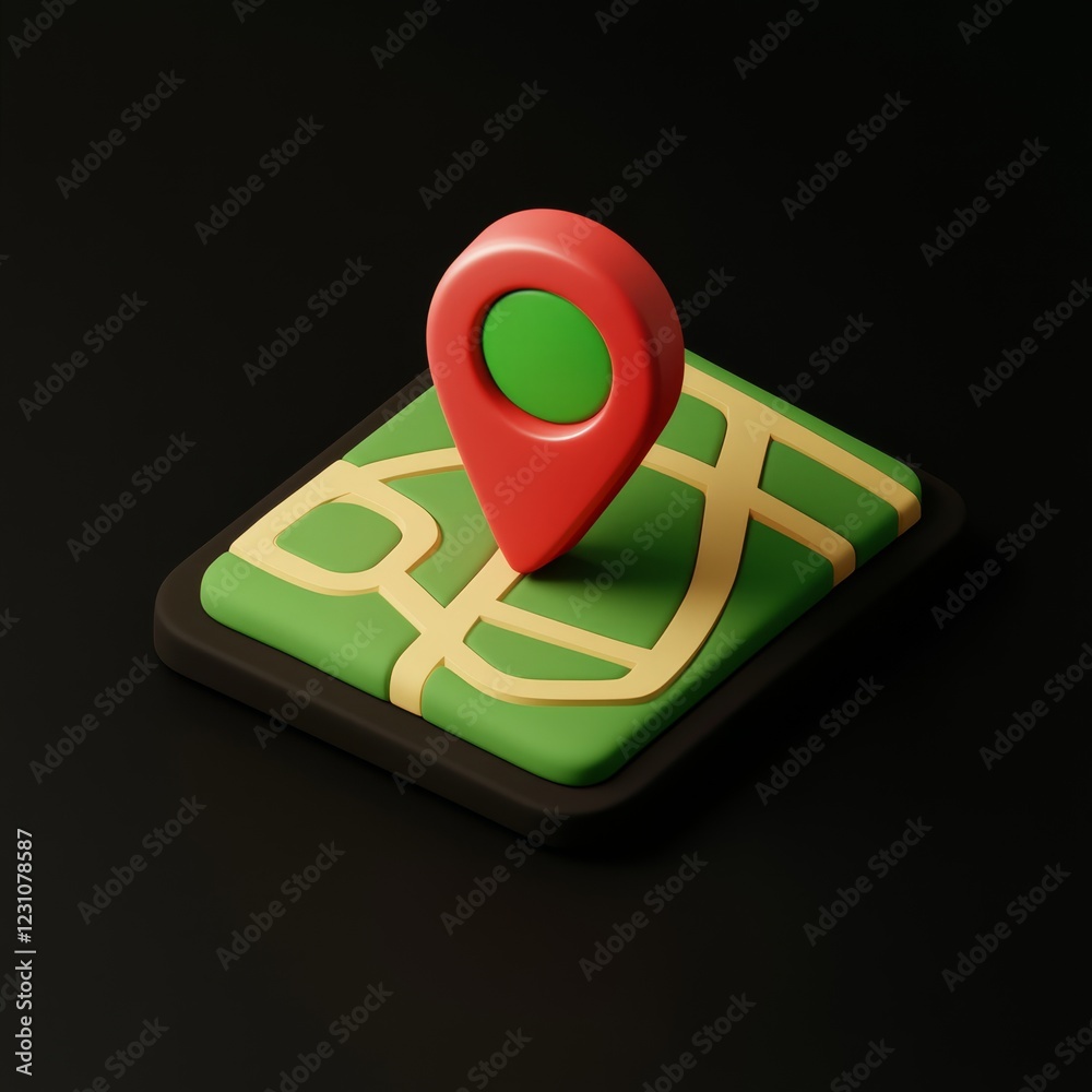 Wall mural 3d isometric map with red location pin.