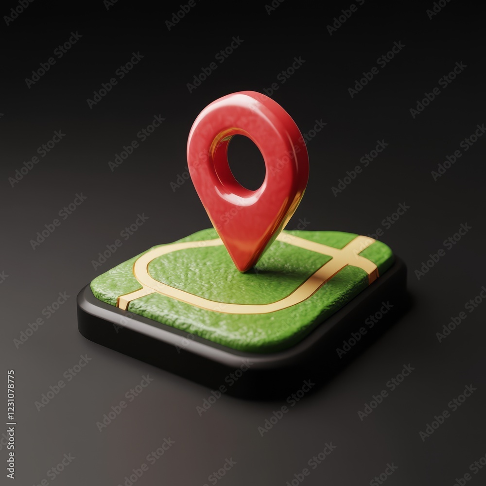 Wall mural 3d render of a red location pin on a green map.