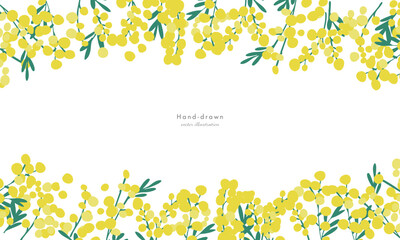 ミモザイラスト。ミモザの春ベクター背景。春の黄色いミモザの装飾フレーム。Mimosa Illustration. Mimosa spring vector background. Spring yellow mimosa decorative frame.