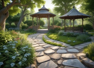 peaceful garden atmosphere with a winding stone path and a gazebo, forest scenery, peaceful garden