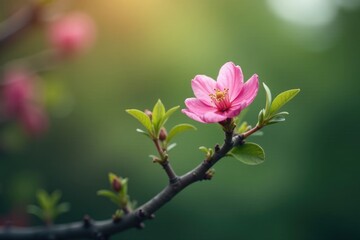 Obraz premium A single pink blossom sits atop a curved branch on a slender tree, nature, verdant, botanical