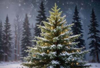 Obraz premium Pine Christmas tree with snowflakes gently falling on its branches , frosty conditions, peaceful atmosphere, serene landscape