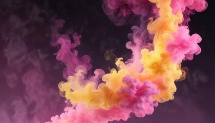 pink and yellow wisps of smoke suspended in air , haze, wisps