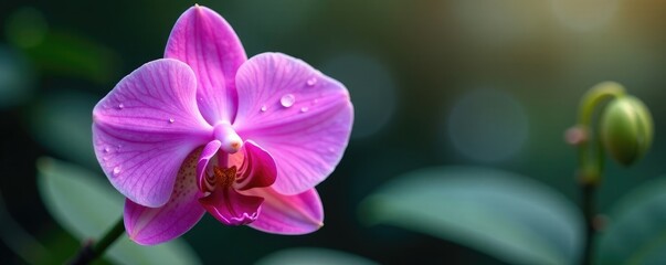 Fototapeta premium A solitary orchid with water droplets on its petals, serenity, purity, blooms