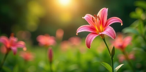 A stunning pink lily plant rises above the lush greenery in the sun, garden, flowers