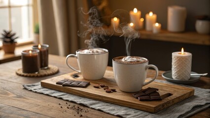 Warm mugs of steaming cocoa, nestled amongst flickering candlelight and dark chocolate pieces on a rustic wooden serving board. A cozy and inviting scene perfect for a relaxing evening.