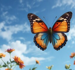 Fototapeta premium Polydamas butterfly in flight against a bright blue sky, outdoor photography, butterfly