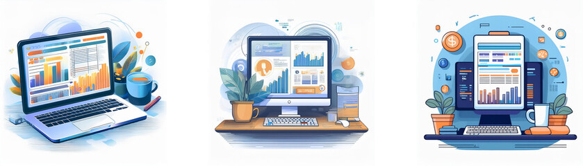 Data analytics displayed on laptop, desktop, and tablet screens; showcasing graphs, charts, and insightful business information.  Plants and workspace elements add context.