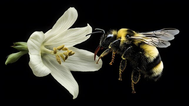 A bumblebee hovering over a white flower, captured in detail - Powered by Adobe