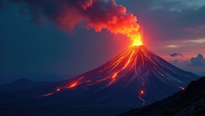 A volcano's summit erupts in a blaze of fire and light, volcano, glow, light