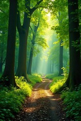 Obraz premium A winding dirt path leads through a forest of towering trees with sunlight filtering through the leaves, leaves, light