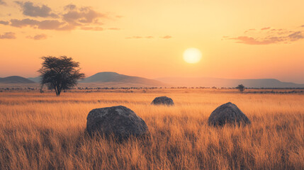 Obraz premium Serene sunset over the African savanna. Golden hour light bathes the tall grass and scattered rocks, creating a peaceful atmosphere.