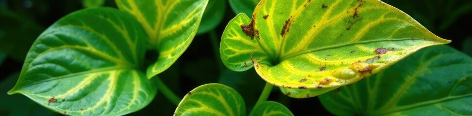 Damaged hosta leaves with yellowing and distortion, plant pathology, plant disease