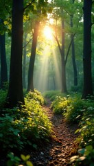 Obraz premium Dappled sunlight on forest floor amidst trees, dappled, sunlight filtering, sunlight