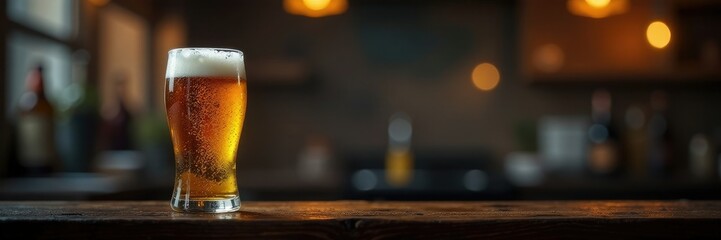 Dark background with a glass of beer on a shelf, lighting, light, ambiance
