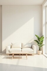 Fototapeta premium Serene Minimalist Living Room Interior Design with Sunlight Streaming Through a Window, Featuring a Comfortable Off-White Sofa and Wooden Coffee Table, Accented by a Potted Plant