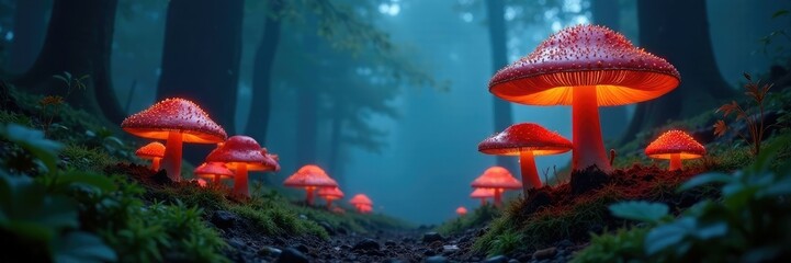 Fototapeta premium Dark forest with misty atmosphere and glowing mushroom caps, fungal kingdom, mystical forest