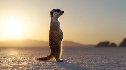A meerkat standing tall, scanning the horizon, on a clean white surface