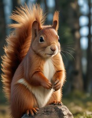 Red squirrel with visible patches of new fur on its head, shedding fur, animal pelage, autumn colors