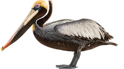 A pelican standing on one leg, its wings tucked in, against a white background