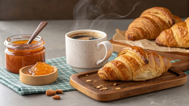 A delightful breakfast scene featuring warm croissants, a steaming cup of coffee, and a sweet apricot spread