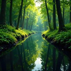 Obraz premium Dark water surface reflected green vegetation bog pool, trees, water