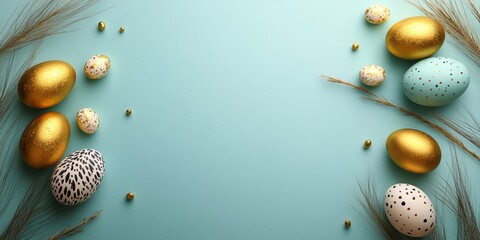 Fototapeta premium A vibrant assortment of colorful Easter eggs arranged on a blue surface, showcasing various hues and patterns that celebrate the festive spirit.