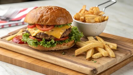 Juicy Beef Burger with Melted Cheese, Fresh Lettuce, and Tomato Slices Served with Crispy French Fries on a Wooden Board