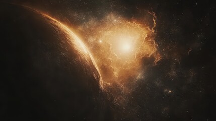 Obraz premium Planetary Surface Illuminated By A Distant Golden Nebula