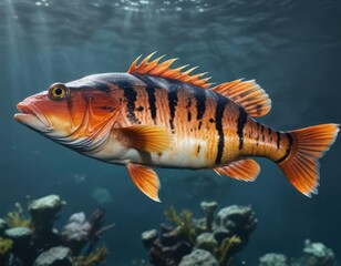 Rockfish floating on the surface of the water, ocean fish, alive, fresh fish