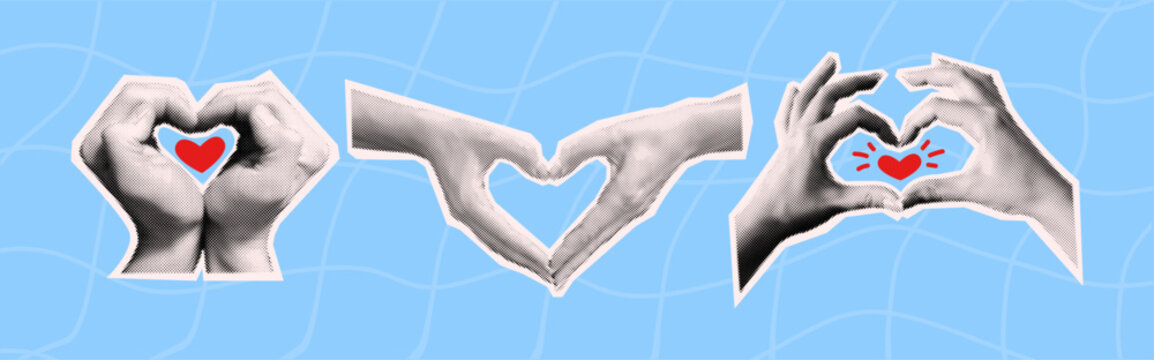 Hands joining together forming heart silhouettes collage vector halftone illustration set. Emotional connection unity and charity on blue background