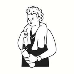 Sportsman holds water bottle and towel on neck linear icon. Sweaty guy rests after active workout doodle character doodle thin line illustration