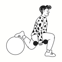 Man performs split squat with dumbbell and fit-ball linear icon. Sportsman enjoys fitness doodle character doodle thin line illustration