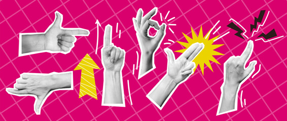 Various hand gestures art collage halftone vector illustration set. Showing support and right direction by body language on pink background © ApoevArt