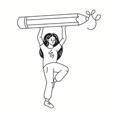 Young woman holds oversized pencil overhead linear icon. Creative female draws curving line doodle character doodle thin line illustration