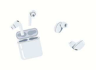 Earbuds with charging case flat color vector icon set. Modern portable audio technology for music lovers objects pack on white background