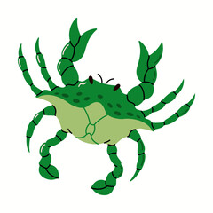 Green crab with massive claws flat color vector character. Cartoon crab decorates walls of seafood market illustration on white background