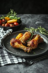 Roasted chicken legs with rosemary and vegetables on a dark plate.