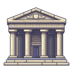 Obraz premium Pixel art bank building icon, features classic pillars, ideal for finance and institutional themes, transparent PNG format