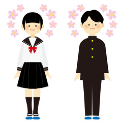 桜と制服を着た学生のイラスト