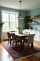 Obraz premium Rustic Farmhouse Dining Room with Wooden Table, Area Rug, and Teal Walls