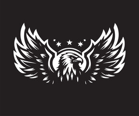 Fototapeta premium Eagle head with wings and stars. Vector illustration isolated on black background.